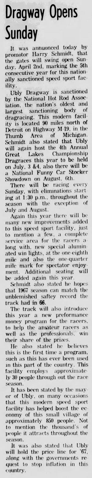 Ubly Dragway - The Ubly Courier Mar 31 1967 Opening Article Nhra Sanctioned (newer photo)